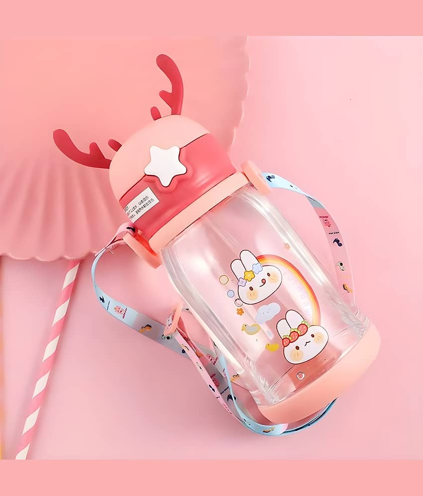 Radhe Creation Cartoon Water Bottle with Straw Multicolour Plastic School Water Bottle 600 mL ( Set of 1 )