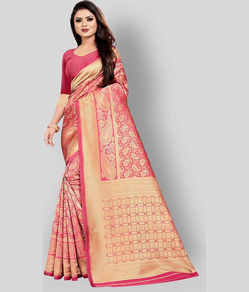Gazal Fashions Banarasi Silk Printed Saree With Unstitched Blouse Piece ( Multicolor )
