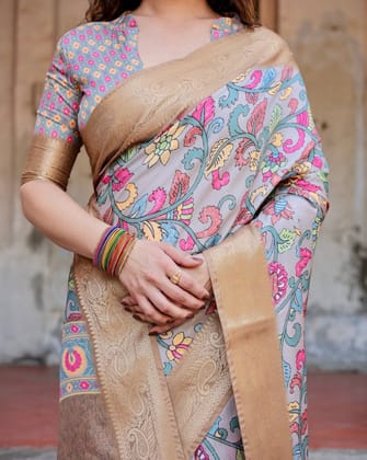 Exquisite Gray Floral Digital Print Saree with Golden Border and Ornamental Pallu-Regular