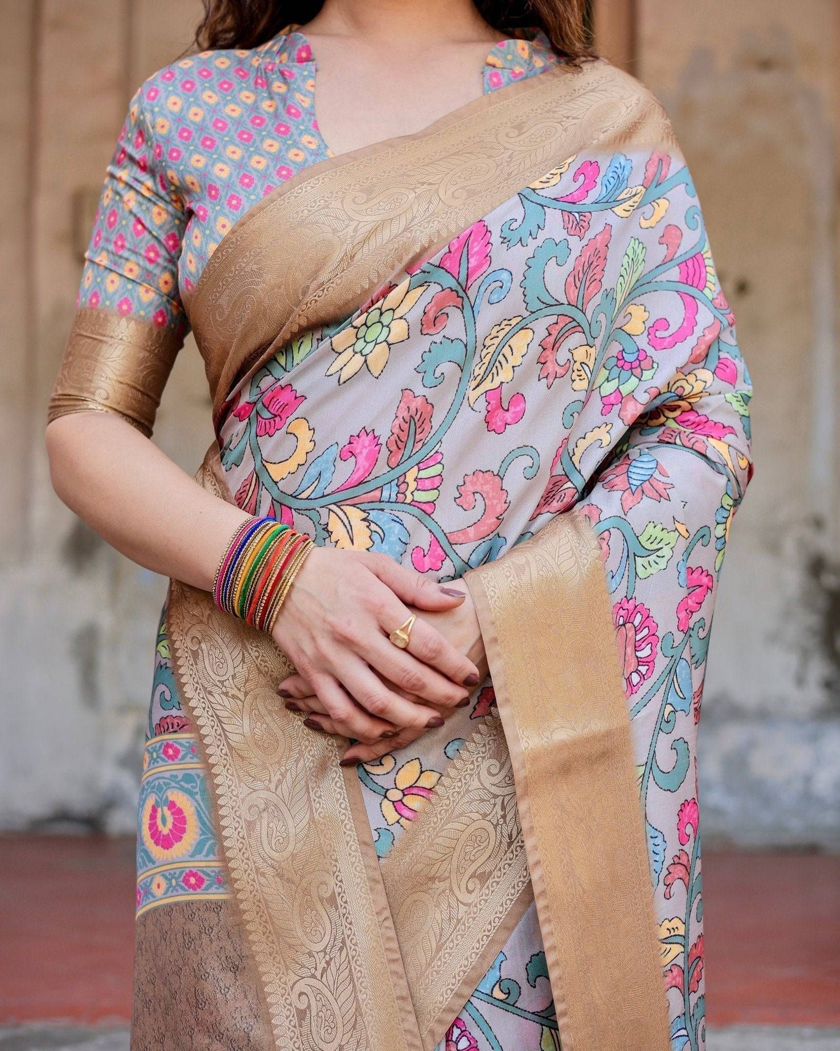 Exquisite Gray Floral Digital Print Saree with Golden Border and Ornamental Pallu-Regular