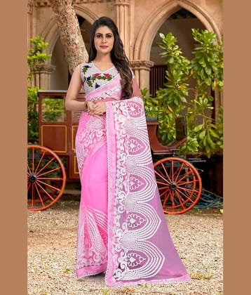 Gazal Fashions Net Embroidered Saree With Unstitched Blouse Piece ( Pink )