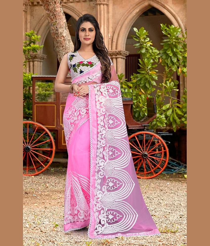 Gazal Fashions Net Embroidered Saree With Unstitched Blouse Piece ( Pink )