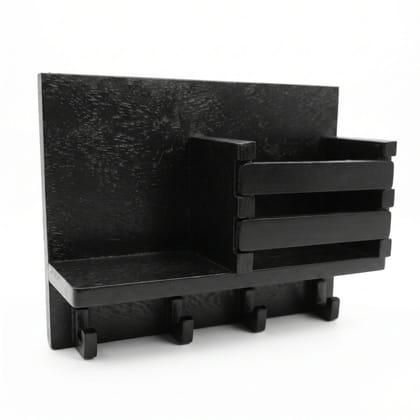 BLACK WOODEN WALL MOUNTED ORGANIZER WITH KEY HOOKS