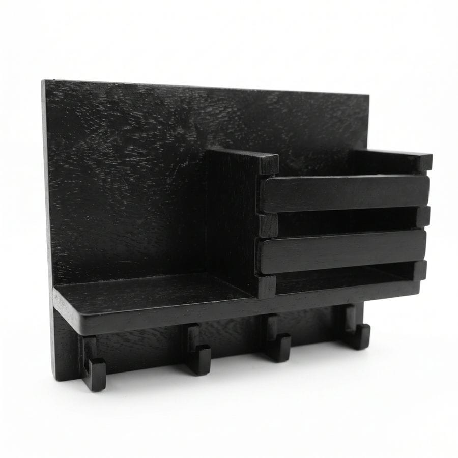 BLACK WOODEN WALL MOUNTED ORGANIZER WITH KEY HOOKS