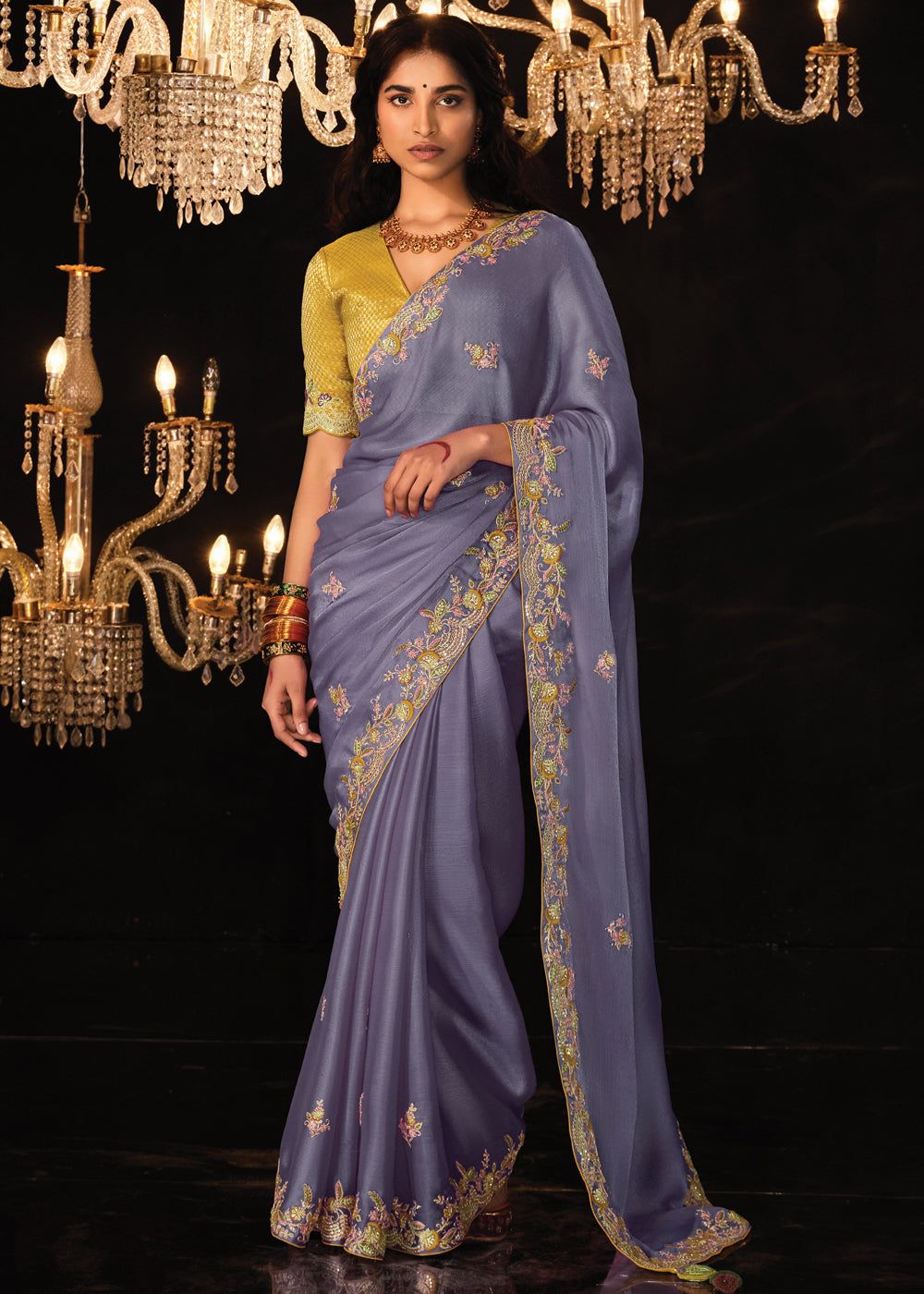 Persian Purple Heavy Embroidered Designer Silk Saree With contrast Blouse