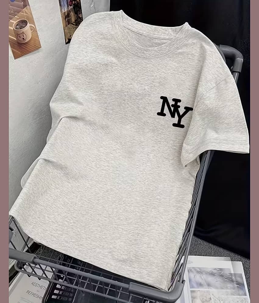 ELBATROSS Women Cotton Blend Printed Oversized Fit Round Neck T-Shirt ( Grey )