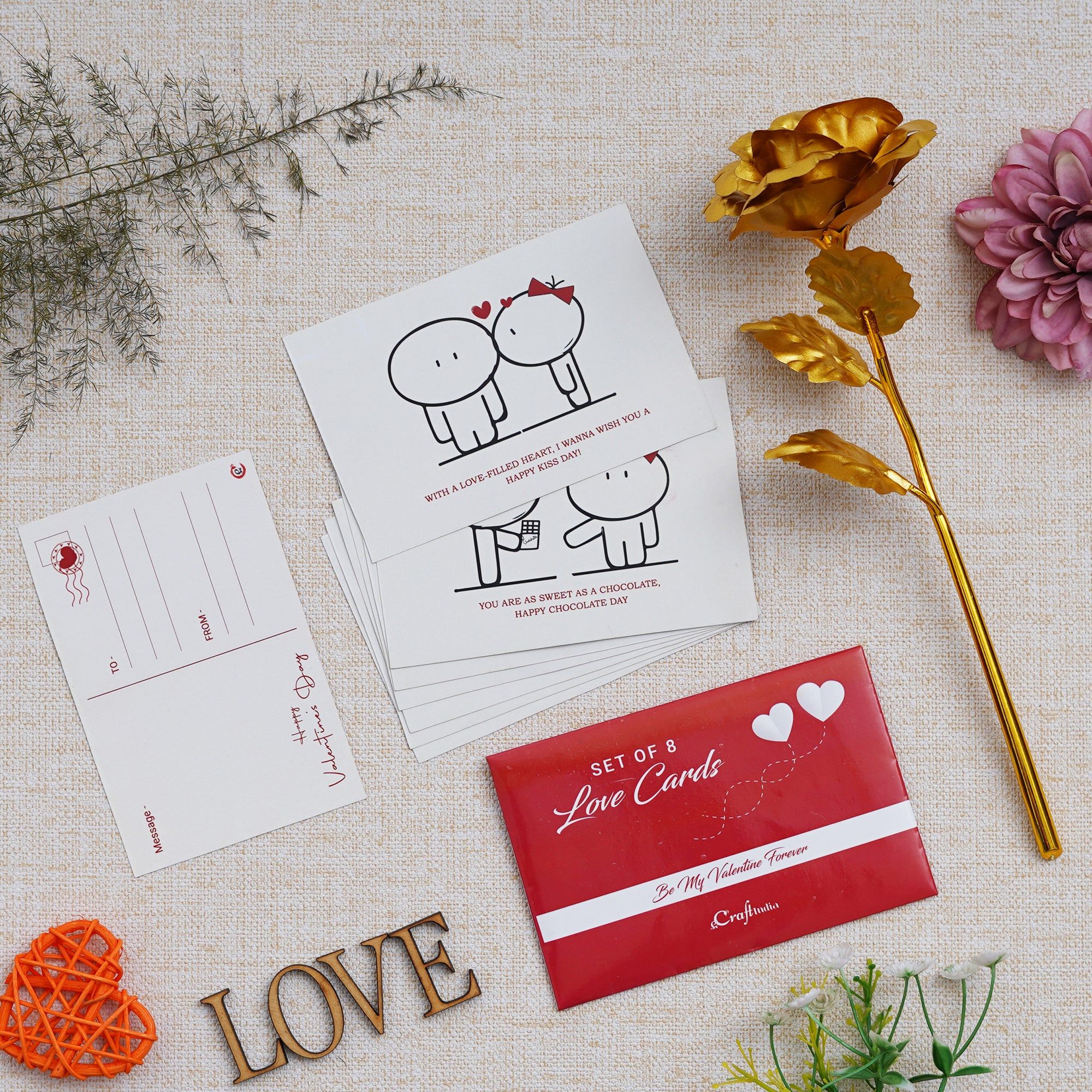 Valentine Combo of Set of 8 Love Post Cards Gift Cards Set, Golden Rose Gift Set