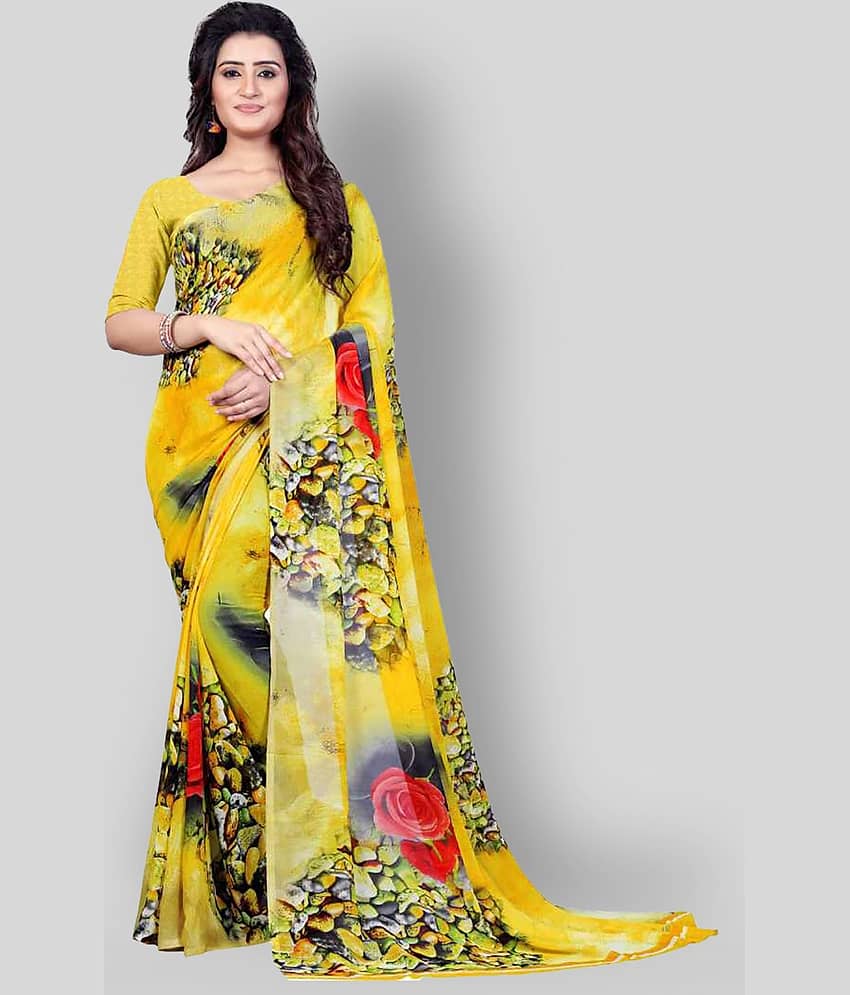 ANAND SAREES Georgette Printed Saree With Unstitched Blouse Piece ( Yellow )
