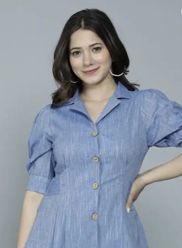 Casual Puff Sleeves Self Design Women Blue Top Light Blue (Size M)