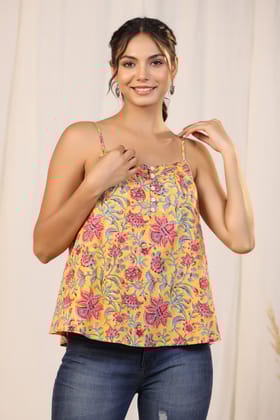 Lila Sunshine Yellow Spagetti Hand Block Printed Top-S / Yellow/Pink / Yellow
