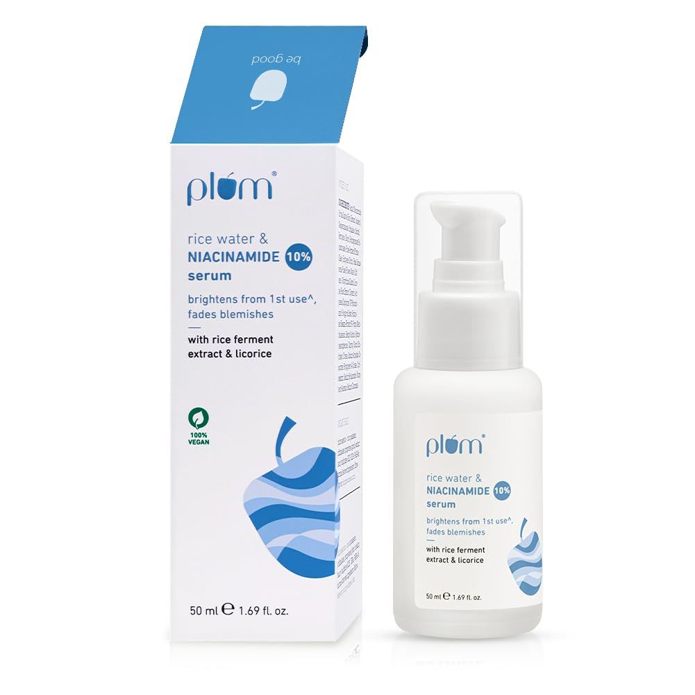 Plum 10% Niacinamide Serum with Rice Water | Provides Clear, Glowing & Brightening Skin | for Acne Prone, Combination, Oily & Sensitive Skin | Oil Control & Anti Acne Face Serum for Women & Men | 15ml Plum 10% Niacinamide Serum with Rice Water | Provides