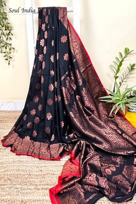Handloom Khadi Linen Banarasi Saree With Muted Copper Zari Work- Black