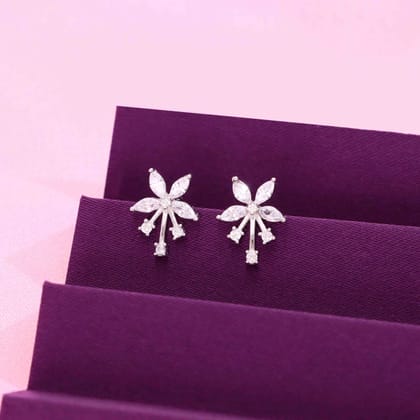 Chic Crystal Floral Spectacle Silver Stud Earrings-White Stone / Silver