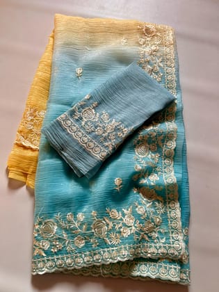 New Multicolor Soft Tissue Crush Silk Embroidery n Cut Work Partywear Fancy Designer Saree With Blouse