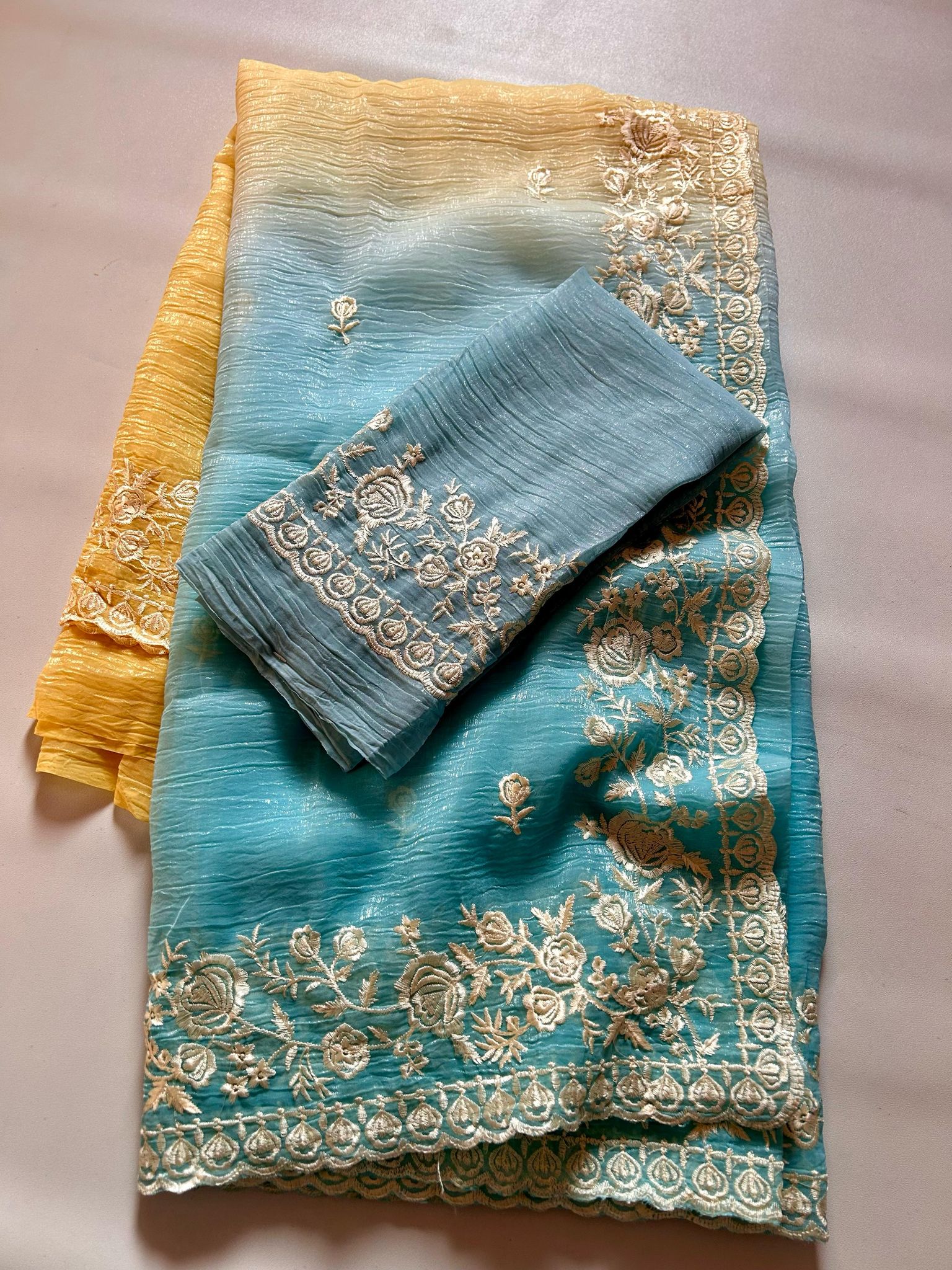 New Multicolor Soft Tissue Crush Silk Embroidery n Cut Work Partywear Fancy Designer Saree With Blouse