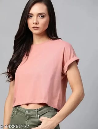 Gyanfashion0 Women Solid Round Neck pure cotton pink crop top