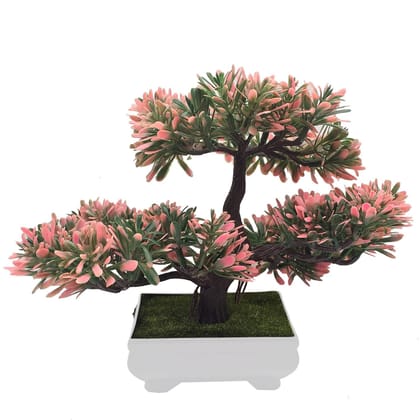 FOLIYAJ 3 Headed Artificial Bonsai Tree with Green and Pink Leaves