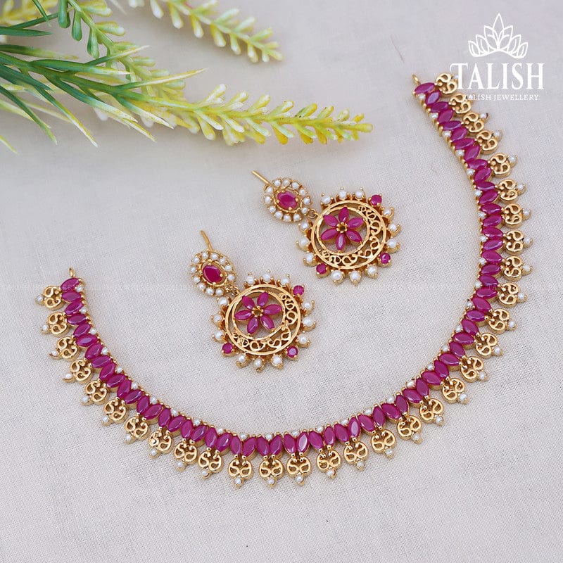Elegant Gold-Plated Ruby Necklace and Earring Set