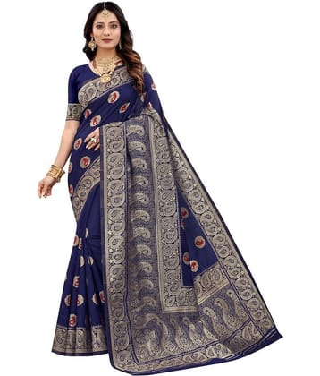 NENCY FASHION Banarasi Silk Self Design Saree With Stitched Blouse ( Blue )