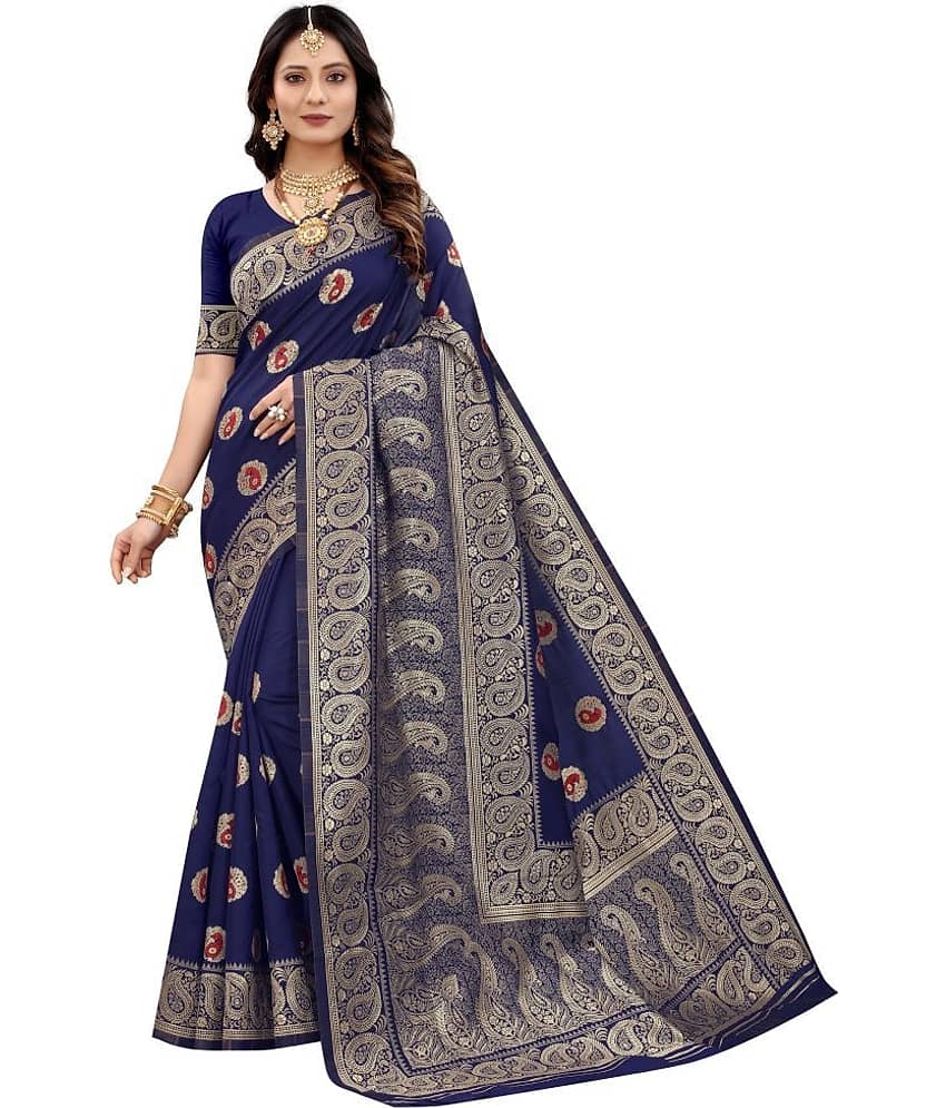 NENCY FASHION Banarasi Silk Self Design Saree With Stitched Blouse ( Blue )