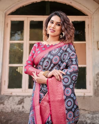 Black and Coral Tussar Silk Saree with Intricate Circular Motifs and Ornamental Pallu-Regular