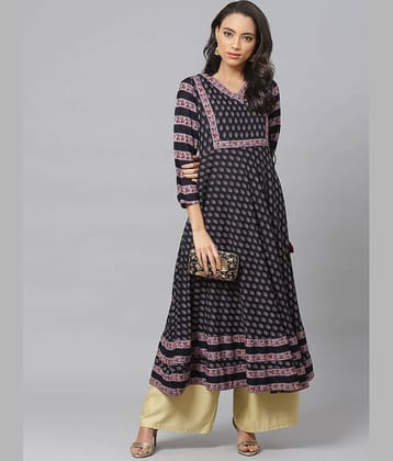 Yash Gallery Pack of 1 Rayon Printed Flared Women's Kurti - ( Black )