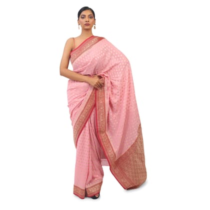 TheHangr Pink Soft Georgette Saree With Contrast Red Boarder And Pallu