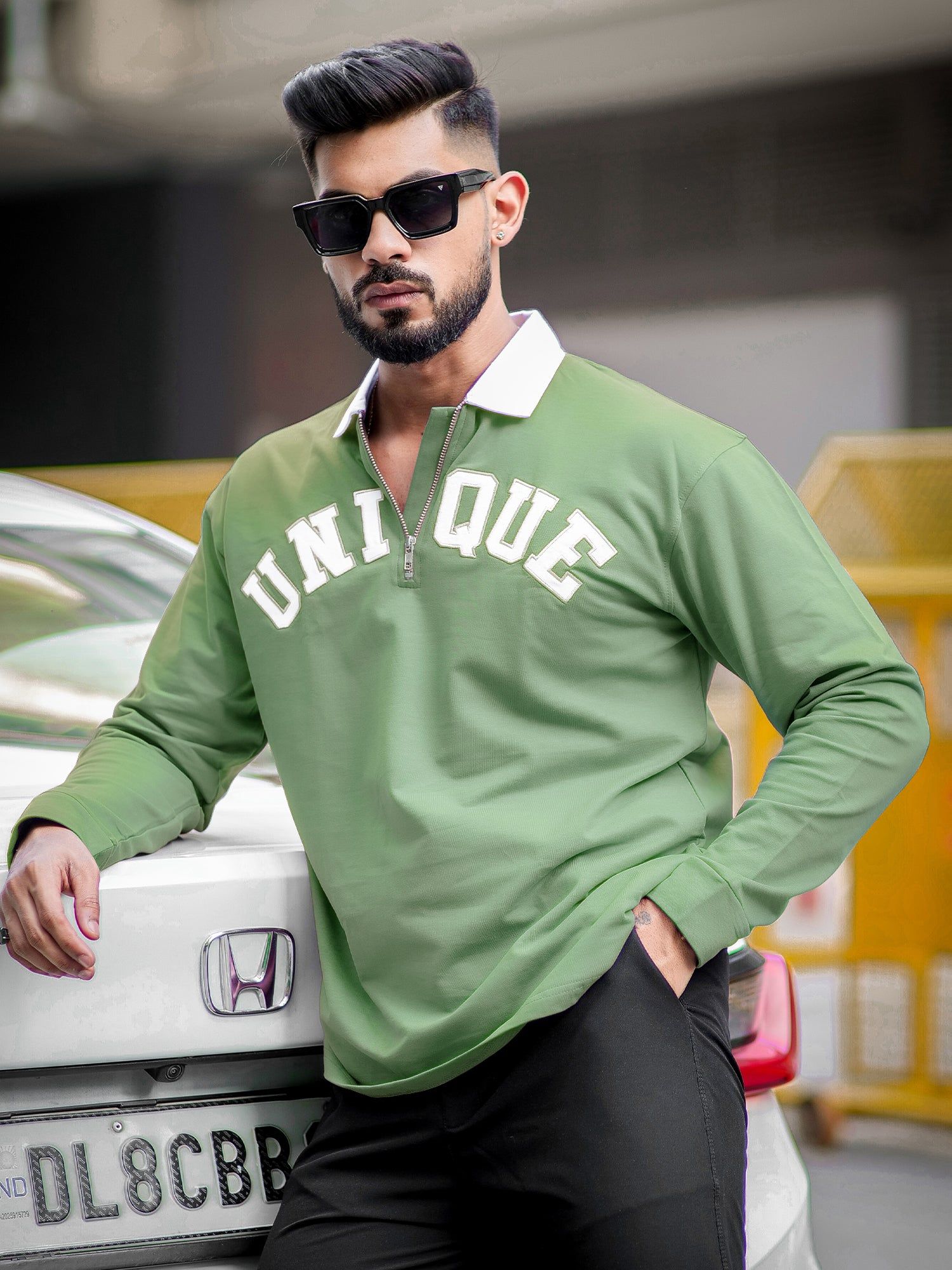 Half Zip Unique Hunter Green Fullsleeve Polo Tshirt-S