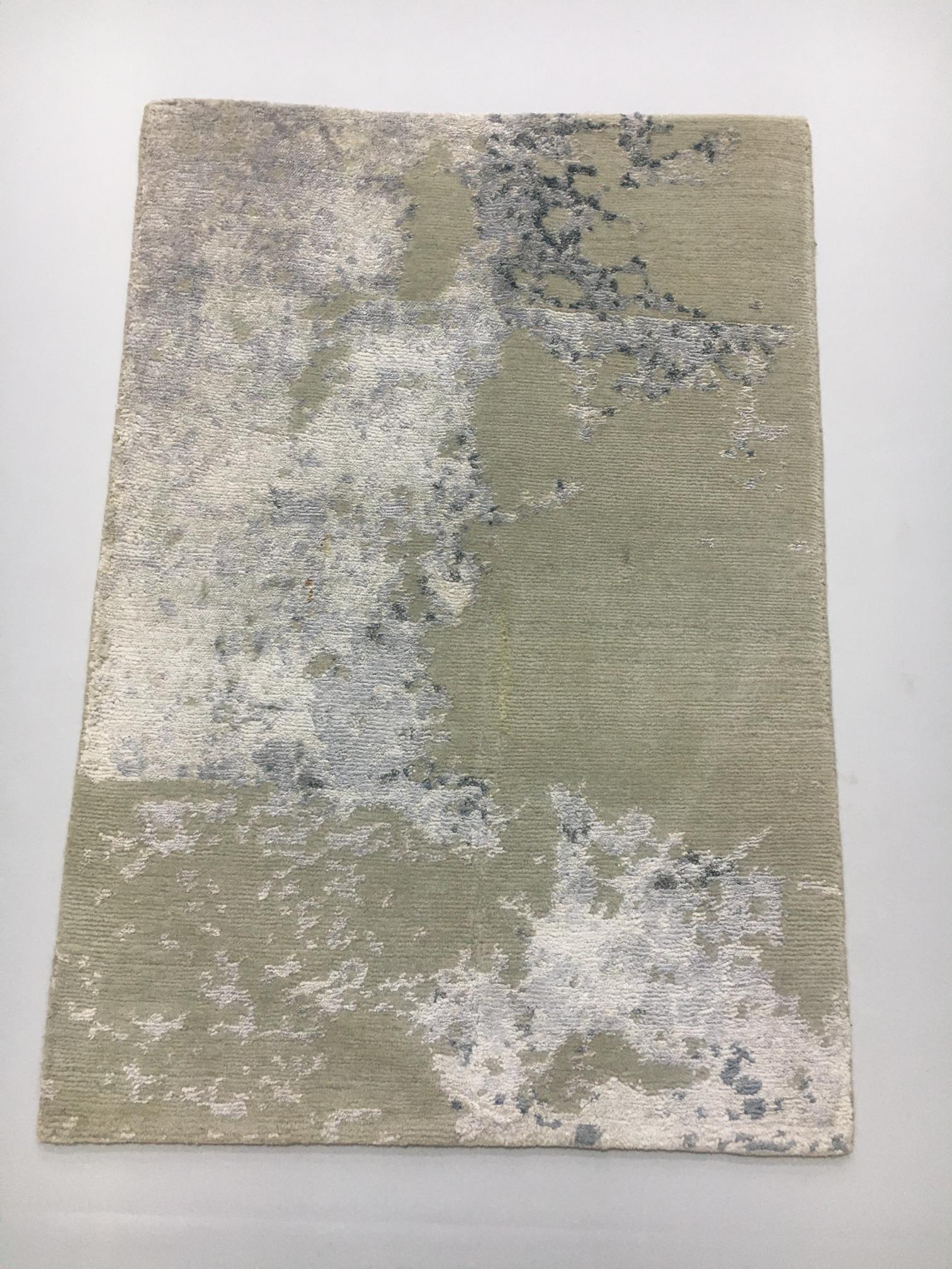 Hand-Knotted Wool & Bamboo Silk Rug 2x3 ft | Modern Geometric Design, Beize Multi Ltblue