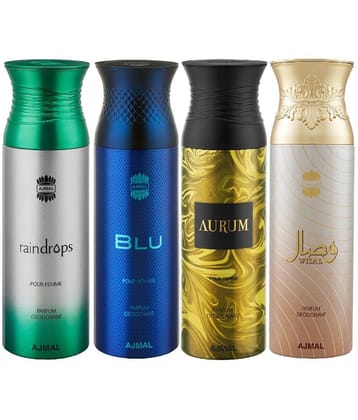Ajmal Raindrops & Blu & Aurum & Wisal Deodorant Spray For Men 200ml Pack of 4