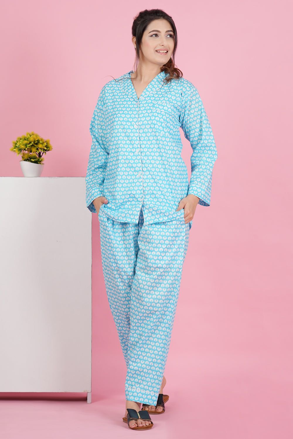 Floral Essence: Blue White Flower Print Full Sleeve Pyjama Set-S / Sky Blue / 100% Cotton