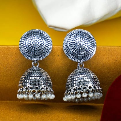 Oxidized Silver Jhumka Earrings with Pearl Dangles