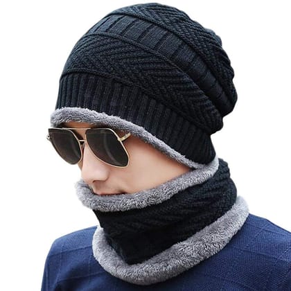 Latest Design Winter Woollen Hat and Scarf Neck Scarf Warm Knit Hat Thick Fleece Lined Winter Hat & Scarf for Men Women (Original Quality)