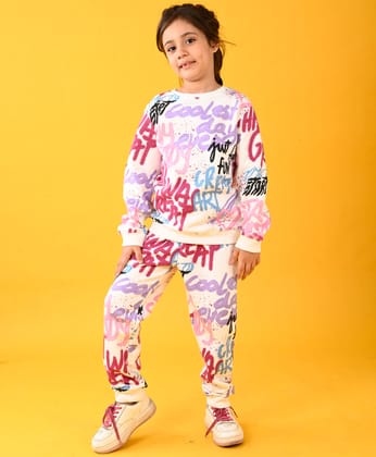 CREATE ART FUN WARM FLEECE GIRLS ROUND NECK SWEATSHIRT JOGGER SET - WHITE-0-6 MONTHS / 2N / WHITE