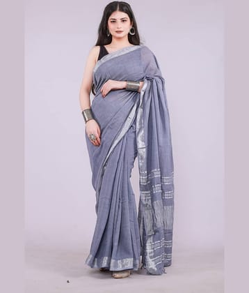 NOITAERCPR Cotton Solid Saree With Unstitched Blouse Piece ( Grey )