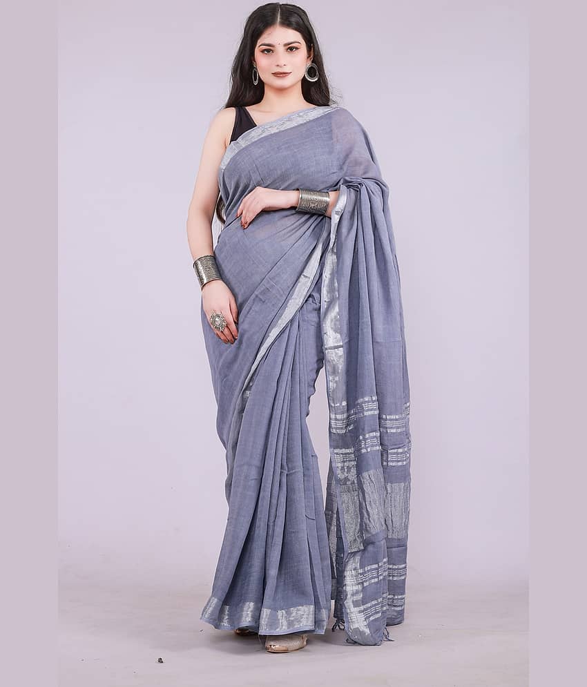 NOITAERCPR Cotton Solid Saree With Unstitched Blouse Piece ( Grey )
