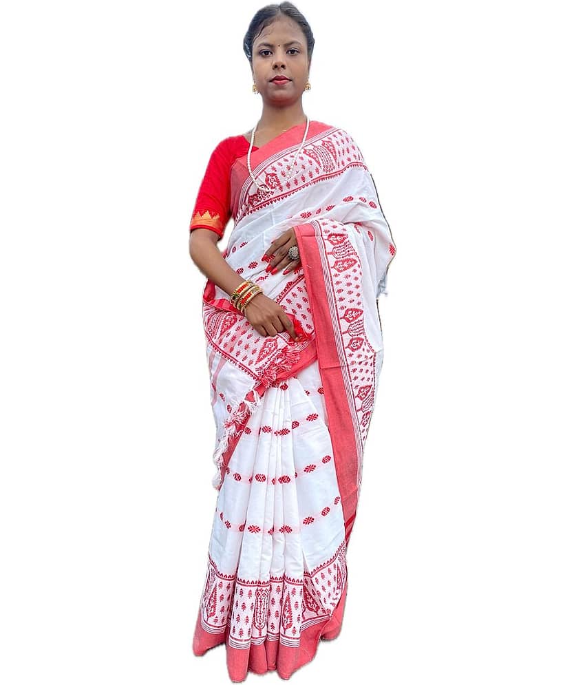 shopeezy tex fab Cotton Woven Tant Saree Without Blouse Piece ( White )
