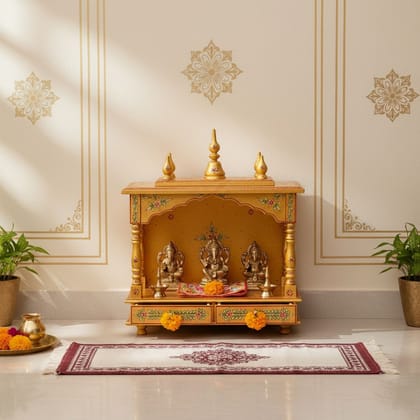 Wooden Wall-Temple, Handicraft Pooja-Temple In Golden Color, Pooja-Stand/Pooja-Ghar/Pooja-Place For Home
