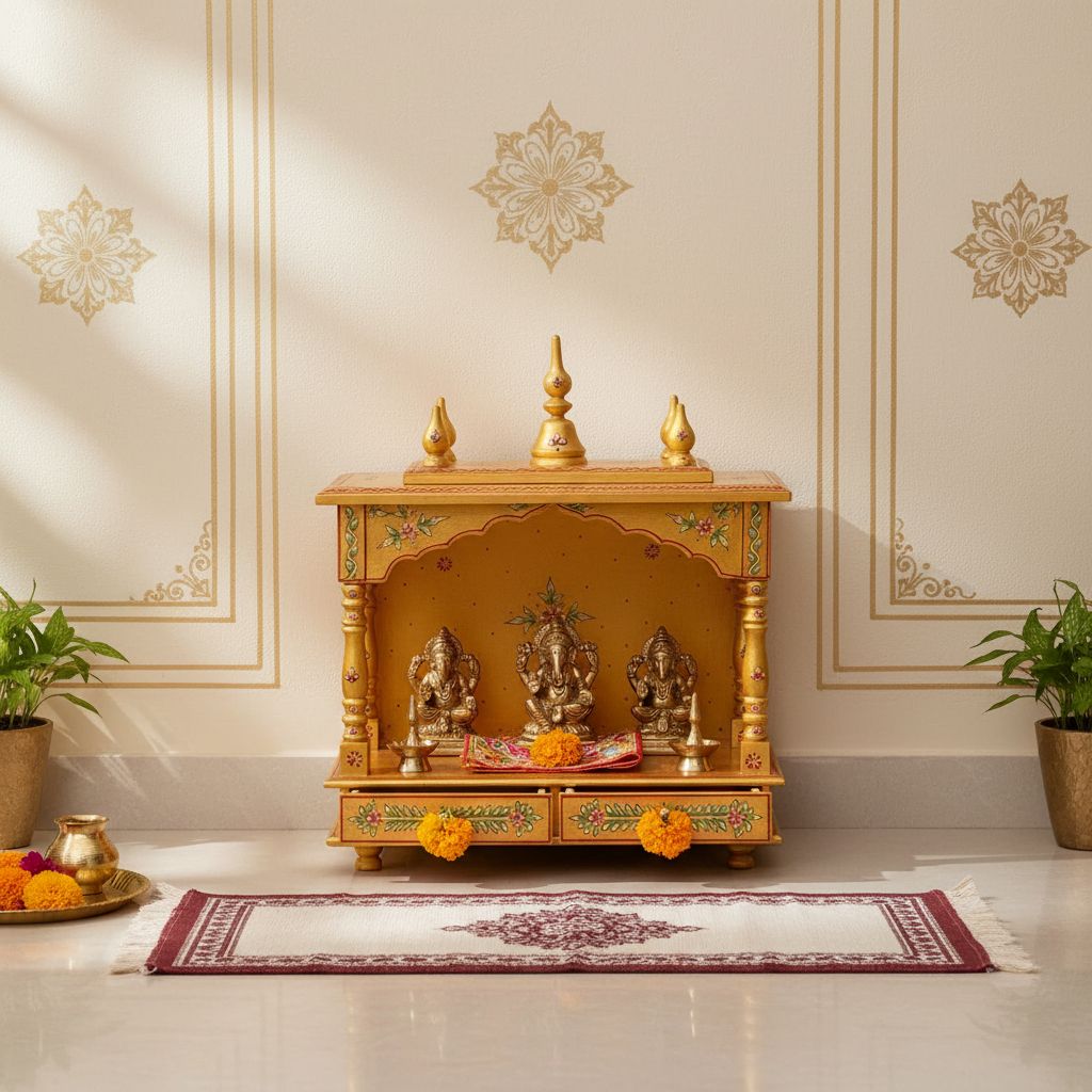 Wooden Wall-Temple, Handicraft Pooja-Temple In Golden Color, Pooja-Stand/Pooja-Ghar/Pooja-Place For Home