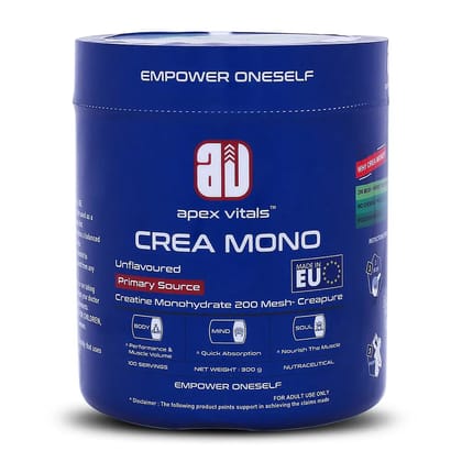 Apex Vitals Crea Mono Micronized Creatine Monohydrate 300 G - 100 Ser | German Made | Pharma Grade | Made In Europe | FDA,EFSA & FSSAI Certified | 200 Mesh - Highest Filteration | Fermented & Veg