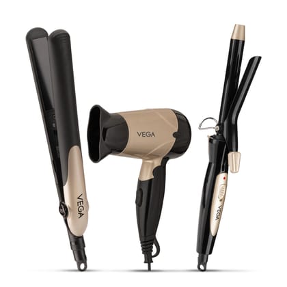 Vega Miss Versatile Styling Set Straightener, Curler & Dryer Gift Combo for Women, 1000W Hair Dryer with 2 Head/Speed Setting, Hair Straightener & Curler Comes with Ceramic Coated, (VHSS-03), Black Vega Miss Versatile Styling Set Straightener, Curler & D