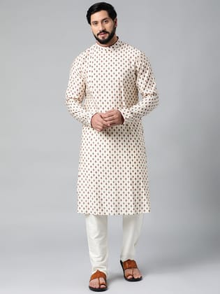 Cream Sanganeri Print  Side Open Kurta Set-XL/44 / Only Kurta - No Lowers