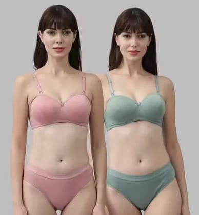 WildGirls - Bra & Panty Set Solid Pink, Green Lingerie Set (Pack Of 2) - Padded Half Cup WildGirls - Bra & Panty Set Solid Pink, Green Lingerie Set (Pack Of 2) - Padded Half Cup