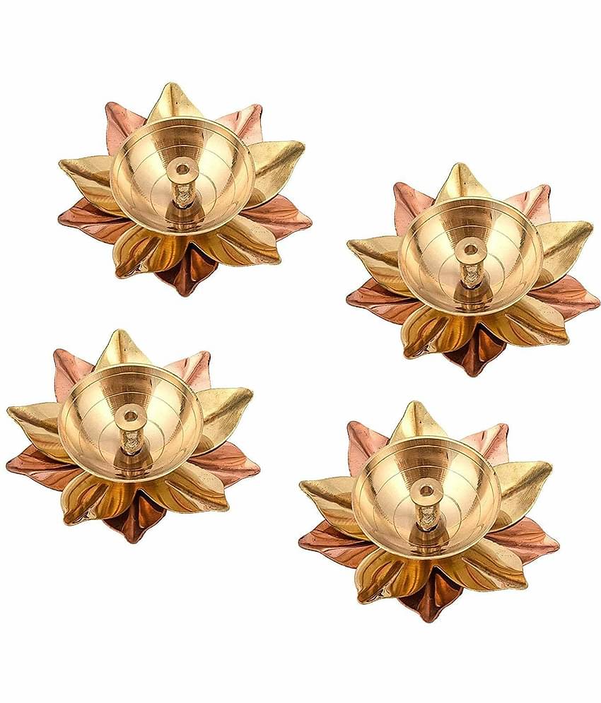 Brass Akhand Lotus/Kamal Diya Brass, Copper Brass Table Diya Set - Pack of 4