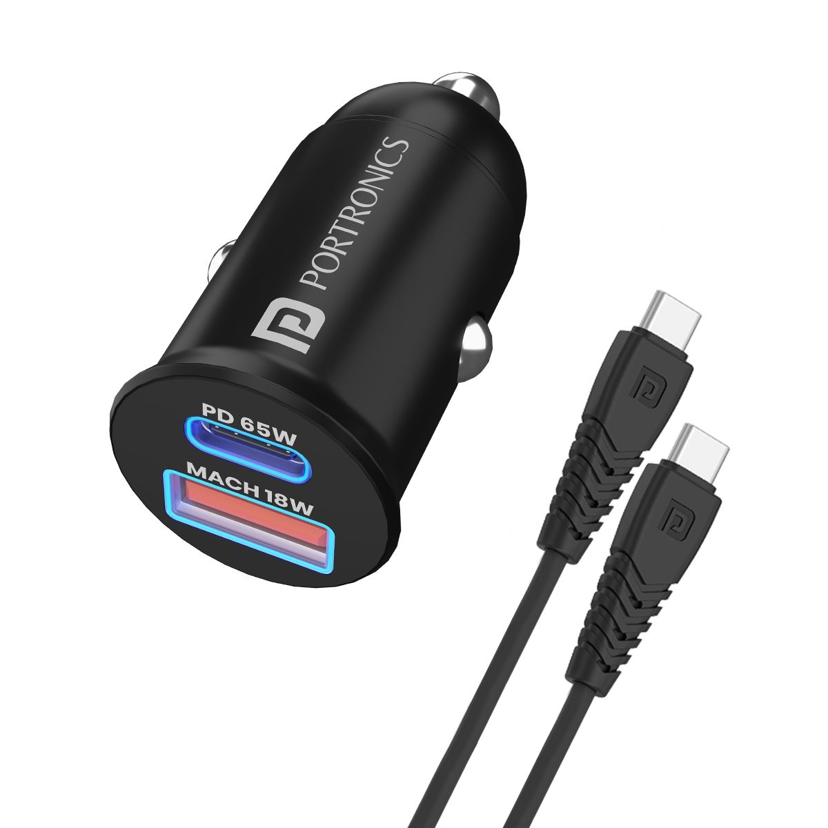 Portronics Car Power 65, Car charger, 100W Type-C Cable, Dual Ports, 65W Type-C PD, 18W USB