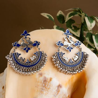 Silver Plated Floral &amp;Peacock Designed Enamel Artwork With Beads Fashion Antique Earring- AER 1624