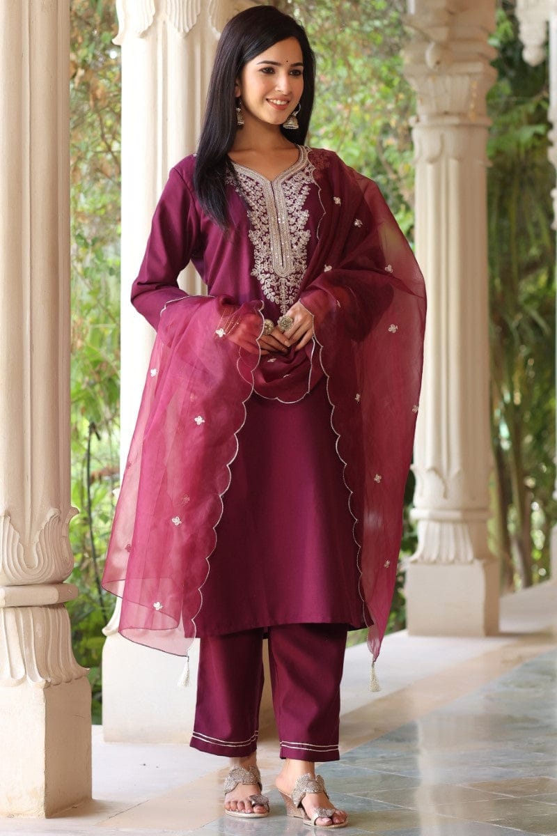 Wine Poly Silk Solid Embroidered Straight Suit Set PKSKD1229