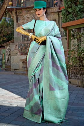 Prettiest Turquoise Soft Banarasi Silk Saree With Blooming Blouse