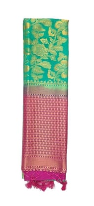 Soft Silk Sarees With Blouse Piece - GREEN WITH PINK