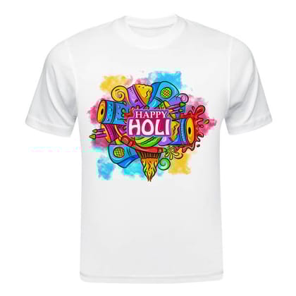 TERA MERA GIFT, Holi Printed T-Shirt, Happy Holi Festival T-Shirt, White Polyester, Reguler Fit, Round Neck, Short Sleeve, Unisex H111